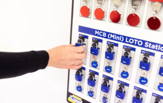 MCB mini Lockout Tagout station with blue MCB mini locks