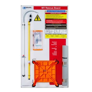 MV electrical rescue board with CATU rescue hook, PENTA insulating platform, PENTA insulating stick and voltage detector.