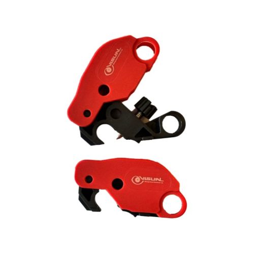 Two red and black circuit breaker lockout devices on their side